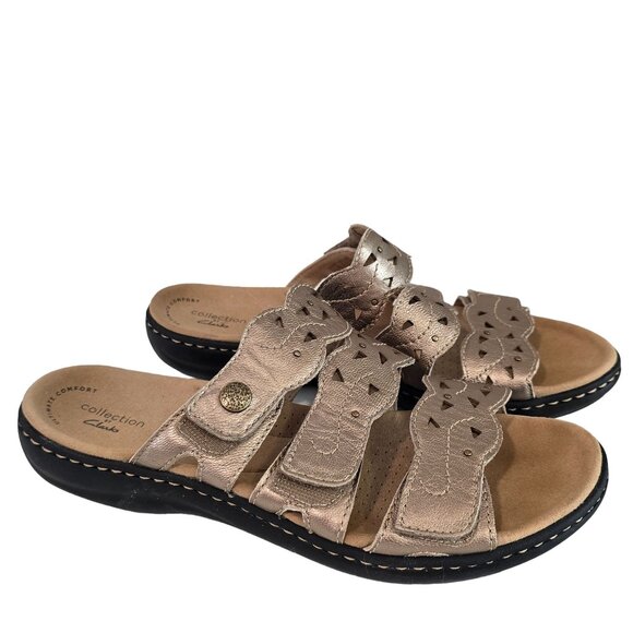 Clarks Collection Womens Comfort Casual Sandals Sz 9 Metallic Leather Adjustable - Picture 1 of 10